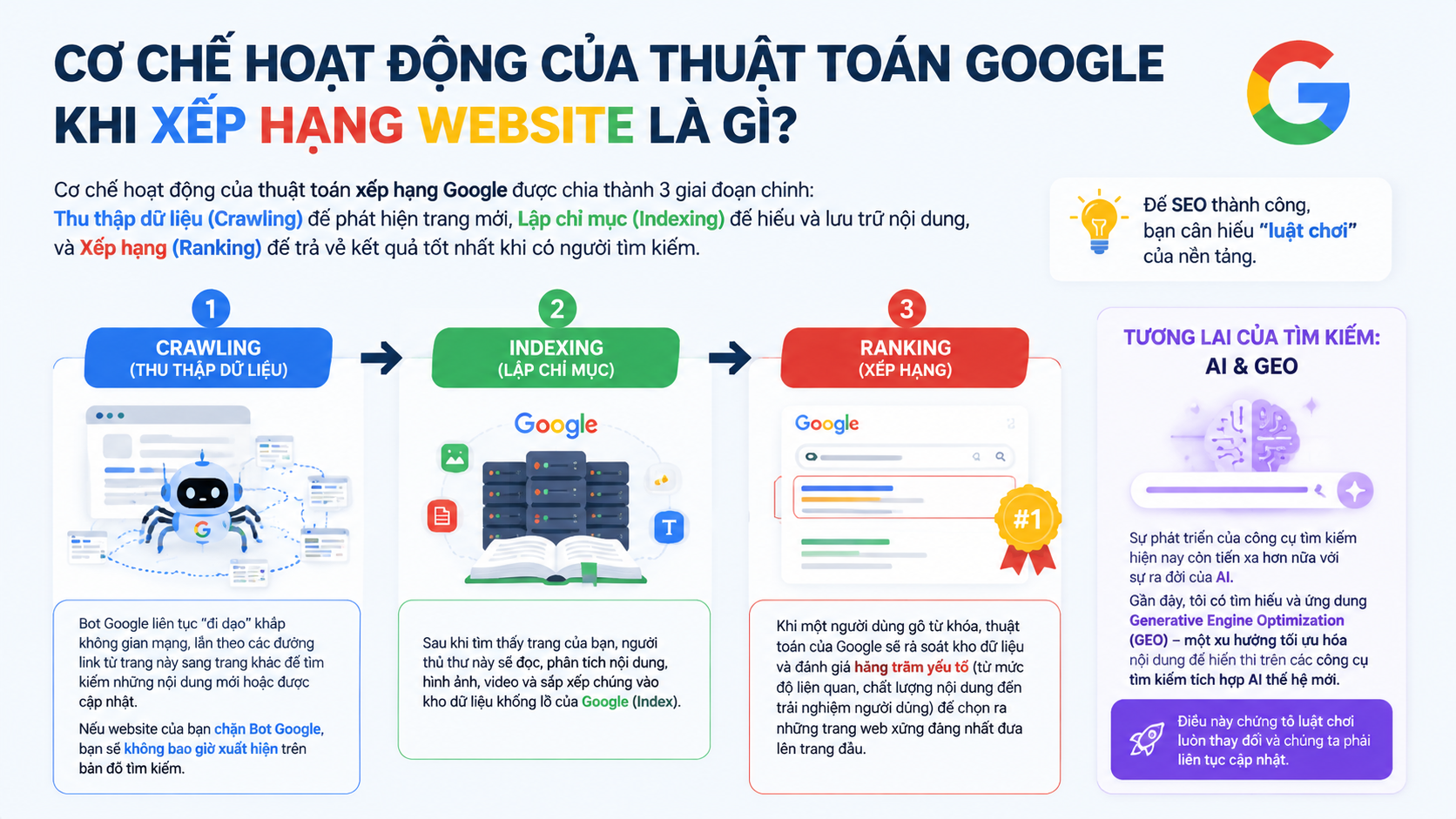 Sơ đồ mô phỏng ba bước hoạt động thu thập, lập chỉ mục và xếp hạng của Bot Google