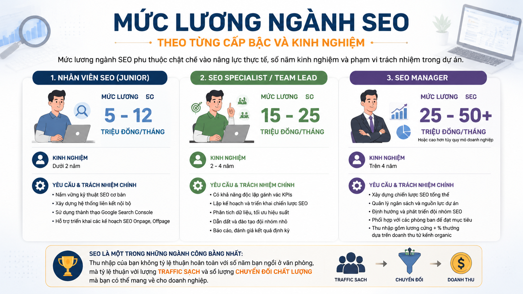 Biểu đồ cột thể hiện các khoảng mức lương của ngành SEO tương ứng với từng cấp bậc kinh nghiệm từ thấp đến cao