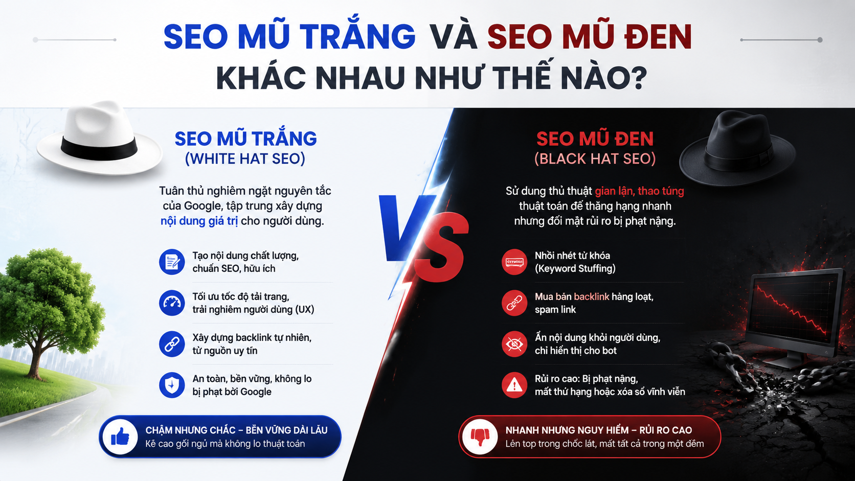 Sự đối lập giữa chiến lược SEO Mũ Trắng an toàn, tuân thủ luật và SEO Mũ Đen nhiều rủi ro