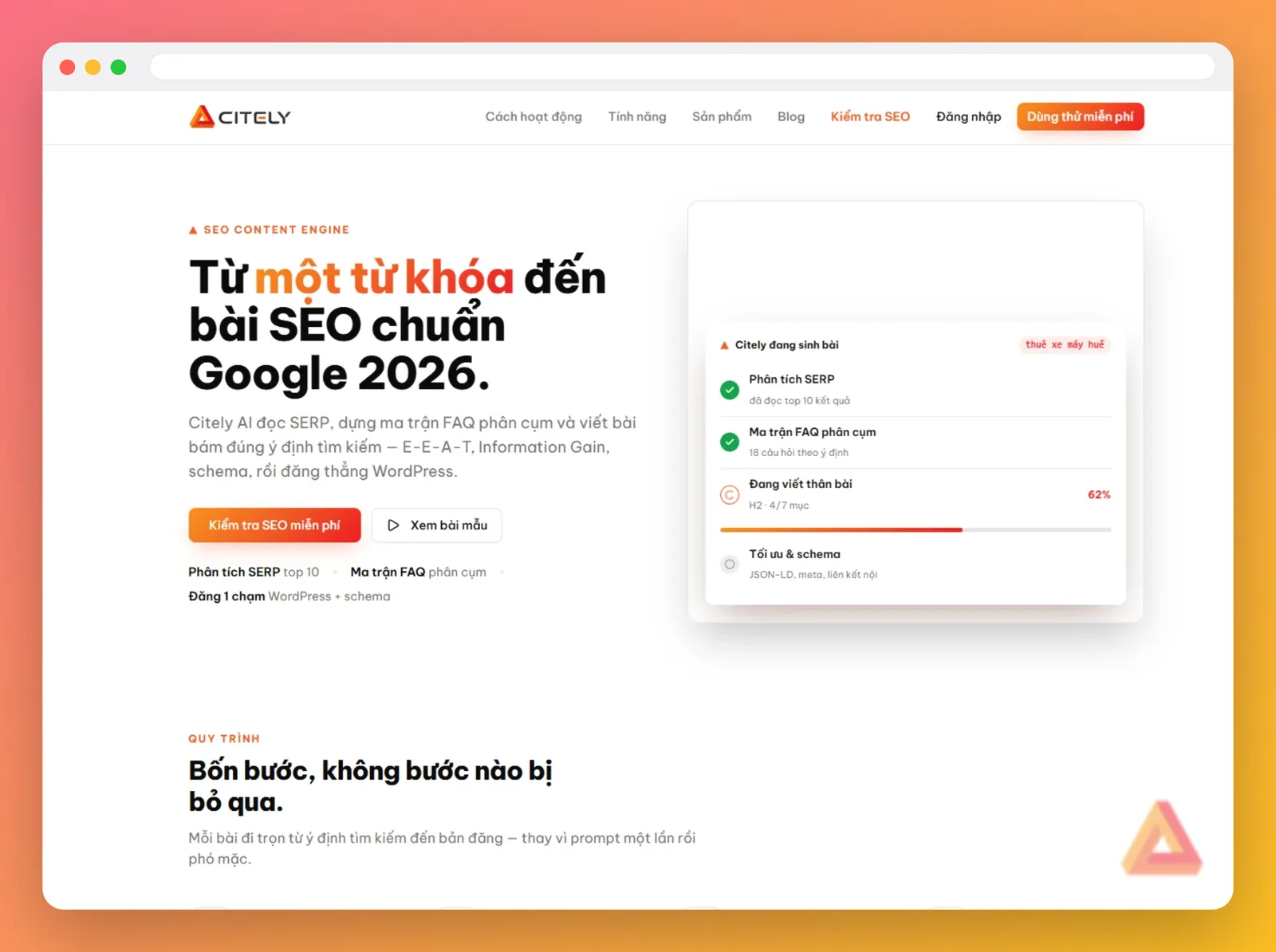 Giao diện trang chủ Citely giới thiệu công cụ sinh bài viết SEO chuẩn Google 2026 từ từ khóa