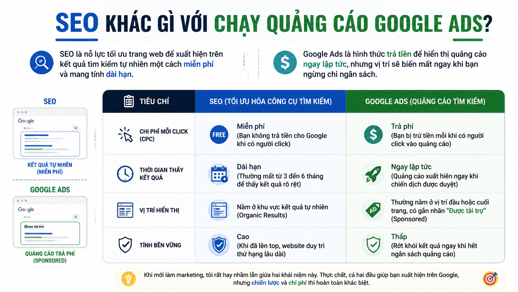 Bảng so sánh trực quan giữa kết quả hiển thị của SEO tự nhiên và quảng cáo trả phí Google Ads